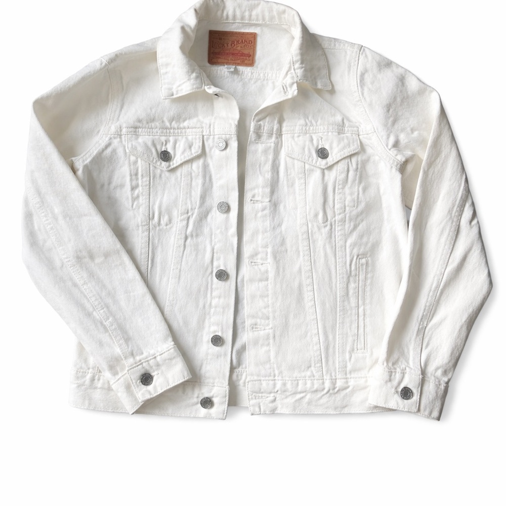 Lucky Brand Cream Denim Jacket with Leather Logo Patch